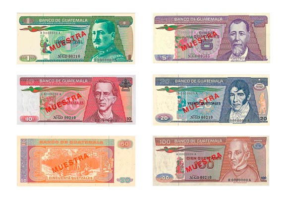Imágenes de los billetes del quetzal.