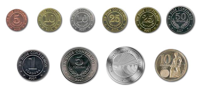 Monedas del córdoba de Nicaragua.