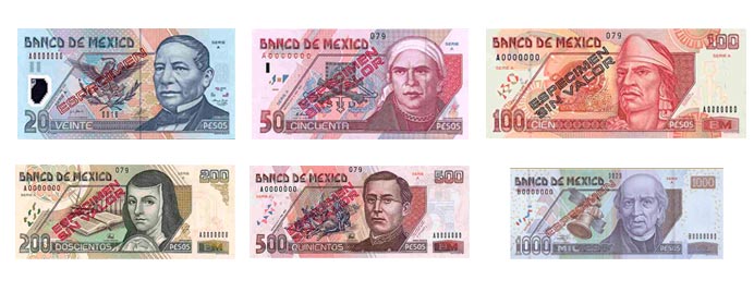 Imágenes de los billetes del peso mexicano.