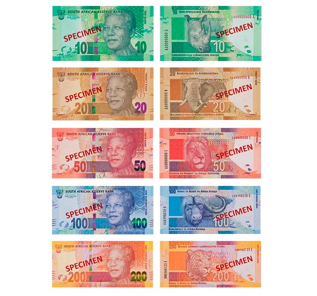 Imagen de los billetes del rand sudafricano.